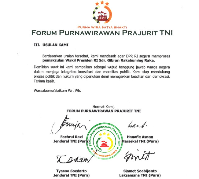 Surat usulan pemakzulan Gibran dari Forum Purnawirawan Prajurit TNI. [Dok. Istimewa]
