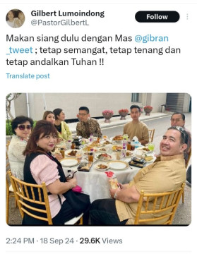 Pendeta Gilbert Lumoindong Pamer Makan Siang Bareng Gibran, Warganet: Jatah Menteri Agama