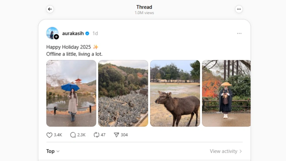 Akun Threads Aura Kasih yang langsung dibanjiri komentar netizen usai mengunggah postingan liburan di Jepang. [Threads]