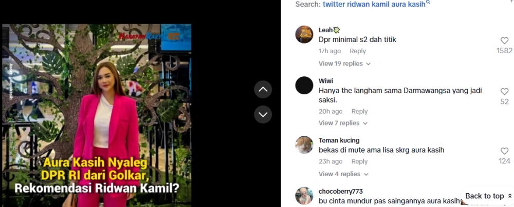 Komentar netizen soal kabar adanya hubungan spesial Aura Kasih dan Ridwan Kamil. [TikTok]