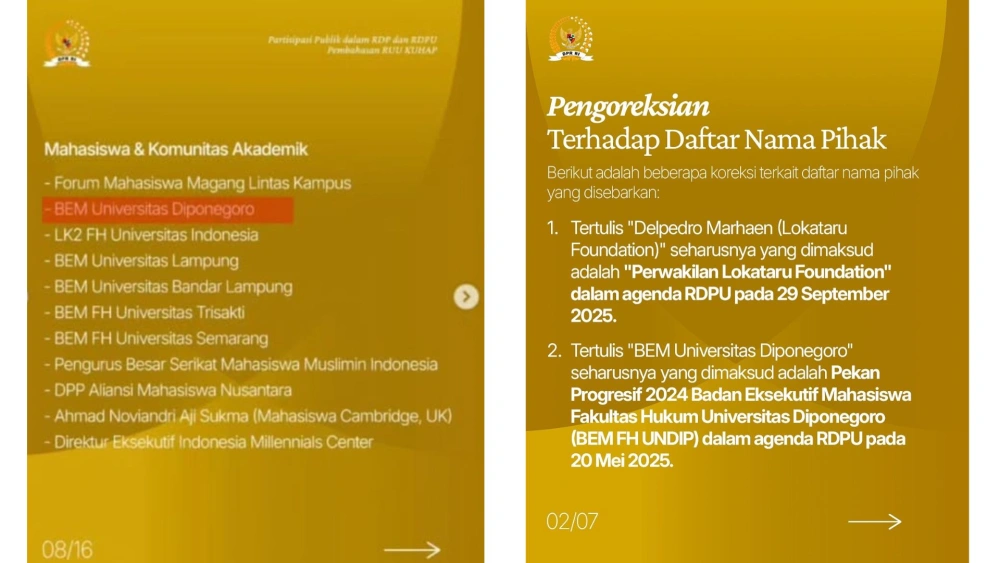 Klarifikasi DPR RI terkait kekeliruan mencantumkan BEM Undip dalam pembahasan RUU KUHAP. [Instagram]