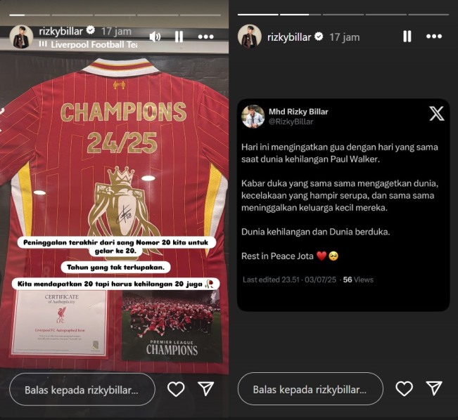 Duka Rizky Billar untuk Diogo Jota. (Instagram/@rizkybillar)