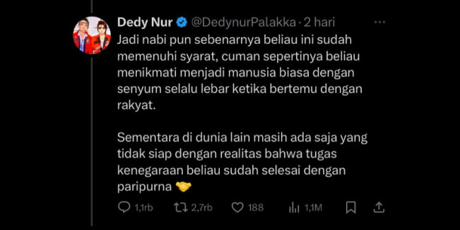 Tweet kontroversial Dedy Nur Palakka. (X)