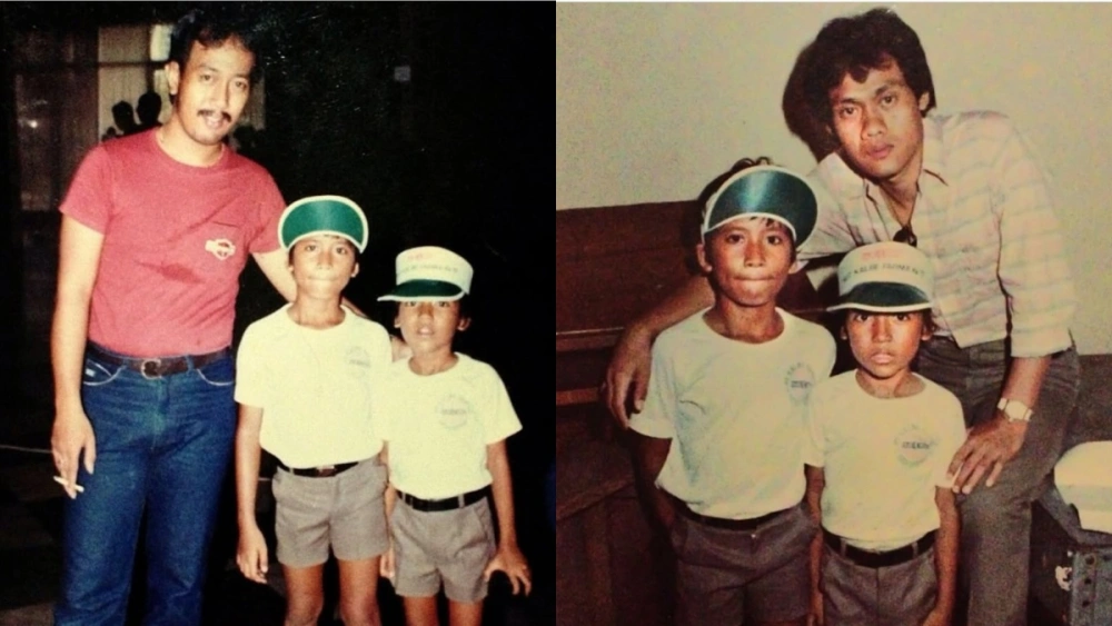 Foto kolase Desta bersama kakaknya saat masih kecil berfoto bersama Kasino dan Indro. [Instagram @desta80s]