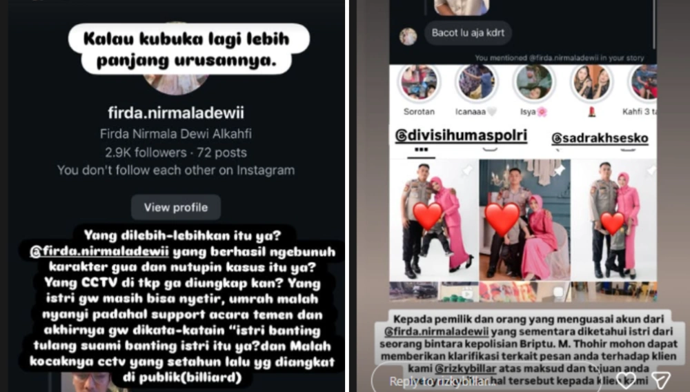 Rizky Billar semprot akun Firda (Story Instagram)