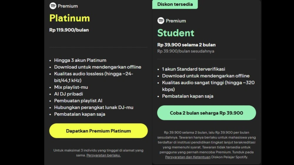 Harga terbaru langganan premium platinum. [Spotify]