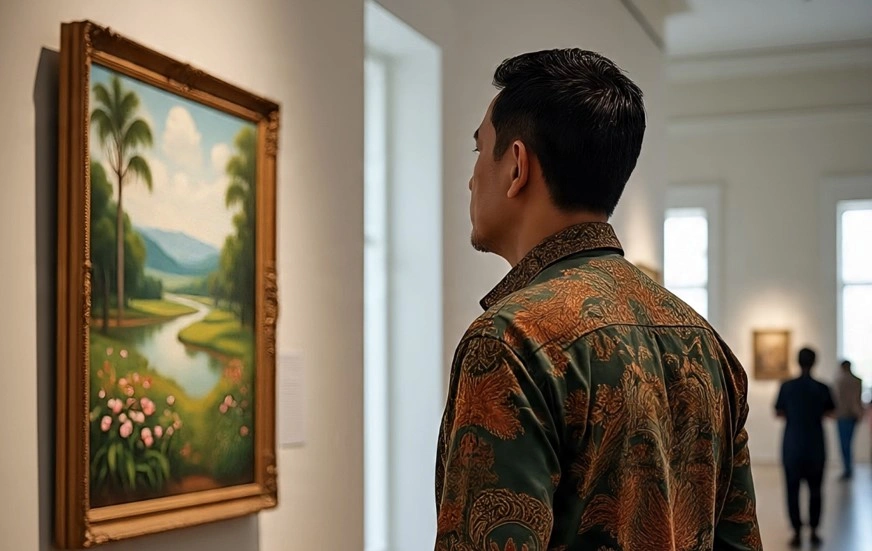 Ilustrasi gambar seorang pria sedang berada di museum seni [Meta AI]