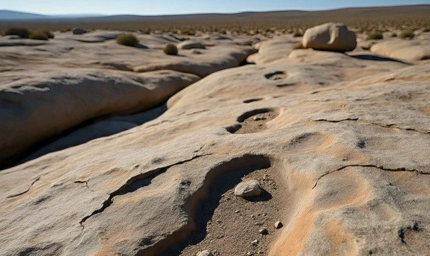 Ilustrasi jejak kaki manusia purba di bebatuan di Gurun Nefud. [Meta AI]