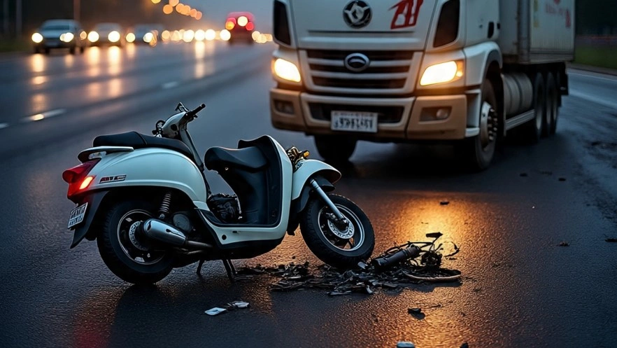 Ilustrasi kecelakaan skuter Honda Beat dengan truk Hino yang menewaskan wartawan foto dan anak [Meta AI]