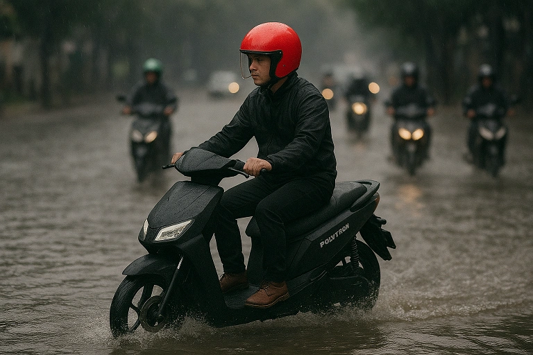 Ilustrasi Motor Melewati Banjir  (ChatGPT)