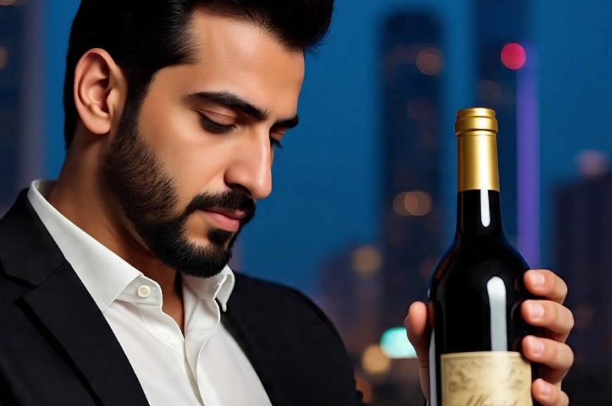 Ilustrasi orang Arab sedang memegang botol minuman beralkohol [Meta AI]