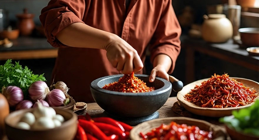 Ilustrasi pembuatan sambal matah [Meta AI]