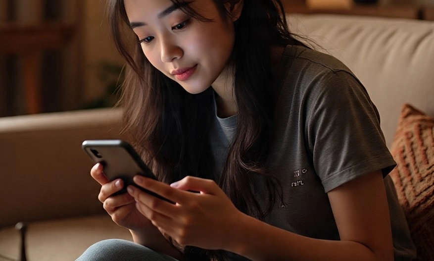 Ilustrasi seorang perempuan melihat video viral di media sosial [Meta AI]