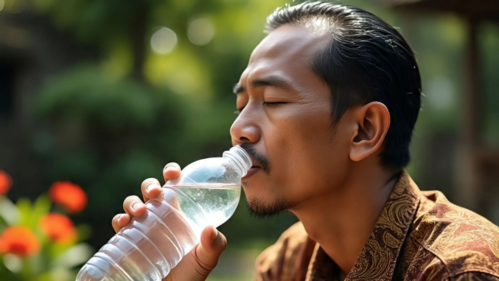 Ilustrasi seorang pria sedang minum air mineral dari botol [Meta AI]