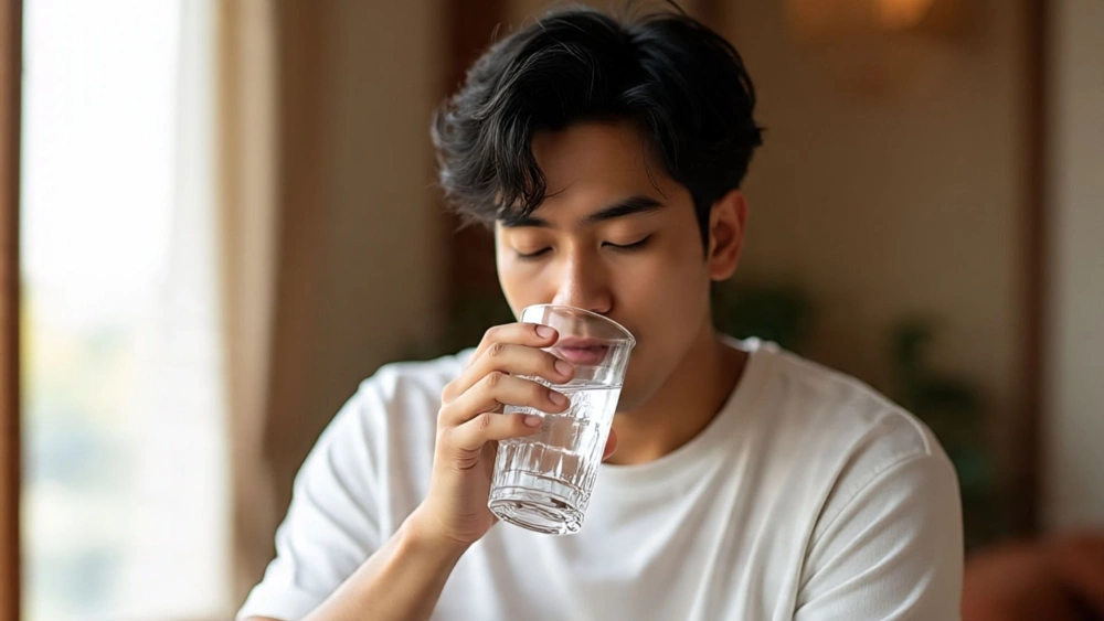 Ilustrasi seorang pria sedang minum air mineral dari gelas sambil duduk [Meta AI]