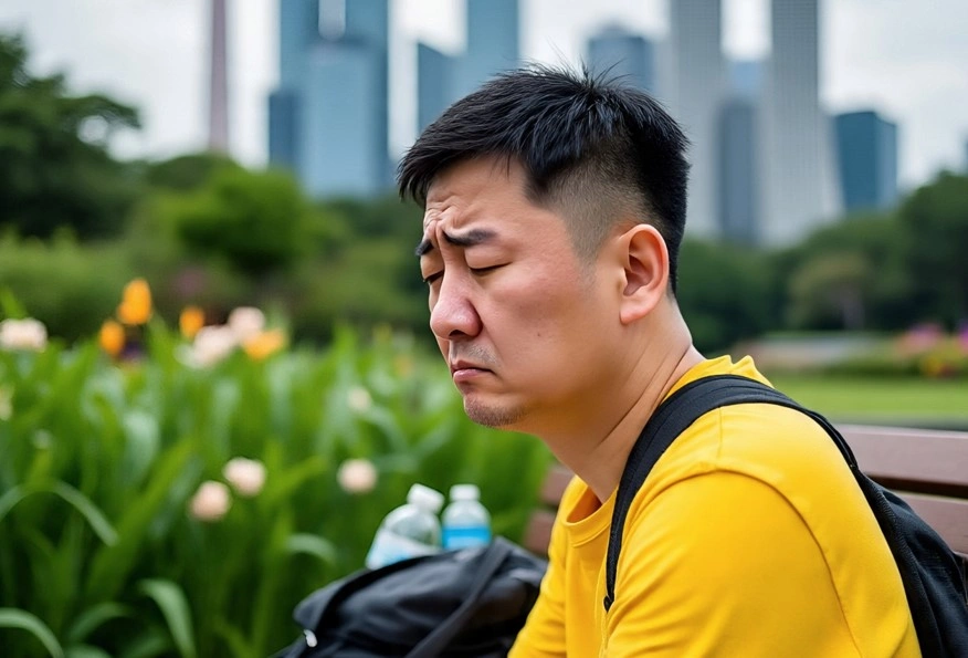 Ilustrasi seorang turis asal China merasa frustasi saat liburan di Singapura [Meta AI]