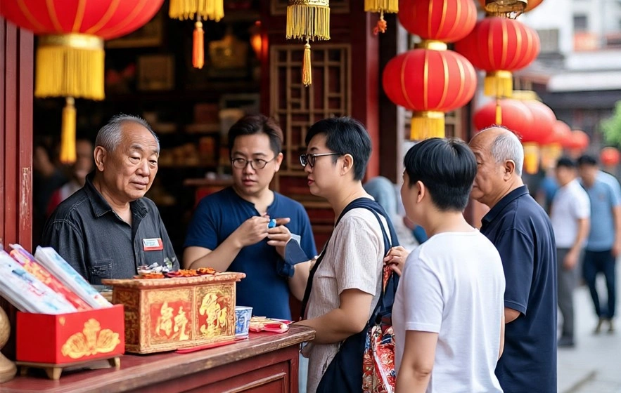 Ilustrasi wisatawan asal Singapura sedang belanja di sebuah toko di China [Meta AI]