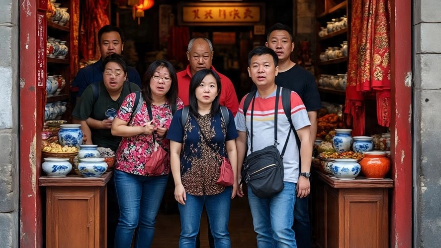 Ilustrasi wisatawan asal Singapura sedang dikurung di sebuah toko di China [Meta AI]