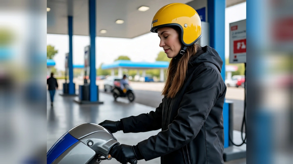 Ilustrasi seorang wanita sedang isi bensin. [Meta AI/FT News]