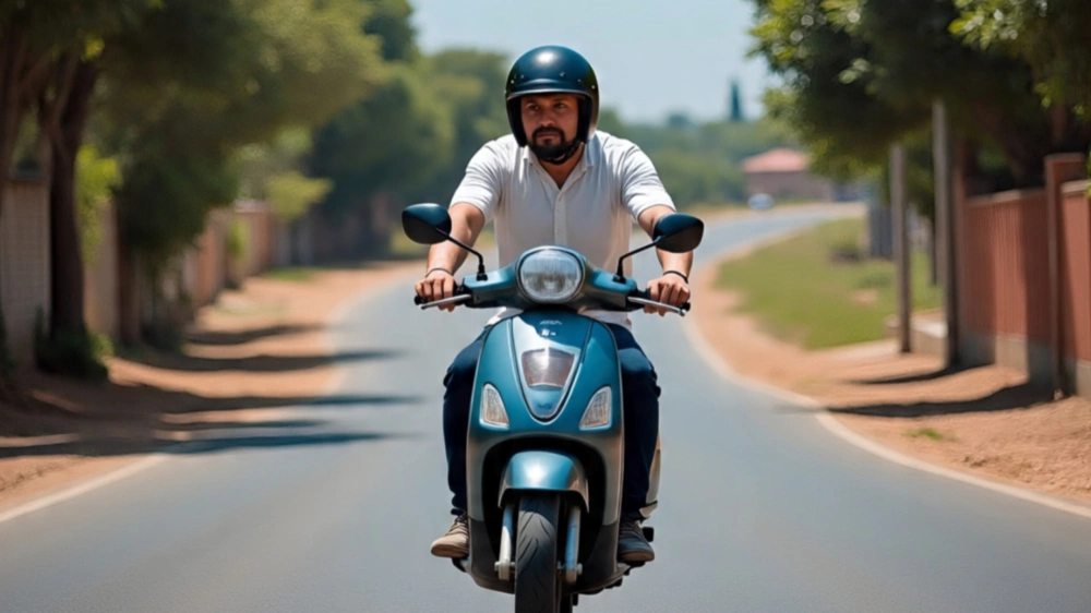 Ilustrasi seorang pria bawa motor matik. [Meta AI/FT News]