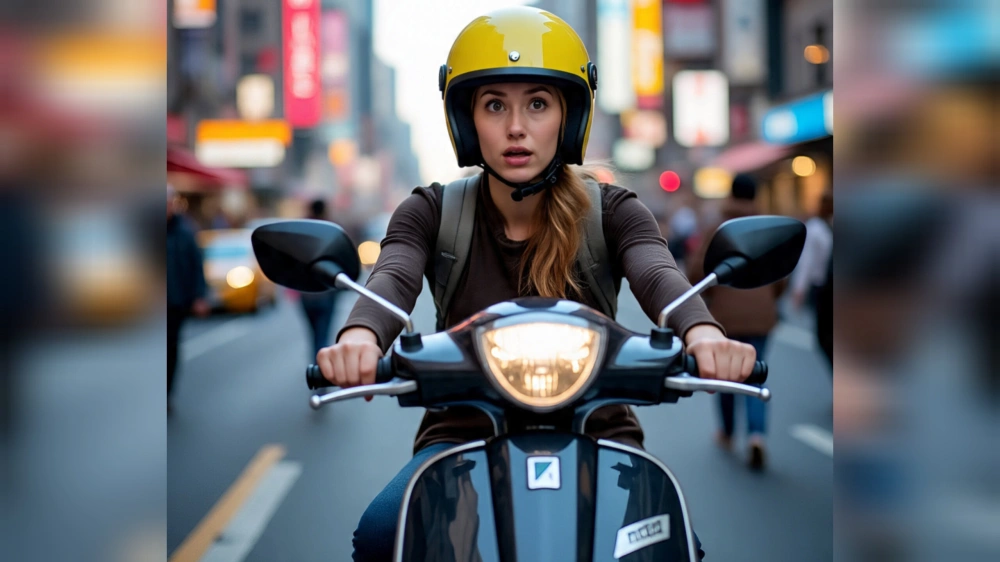 Ilustrasi seorang wanita bawa motor matik. [Meta AI/FT News]