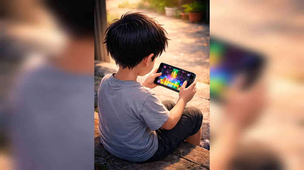 Ilustrasi anak kecil bermain game puzzle Block Blast. [ChatGPT/FT News]