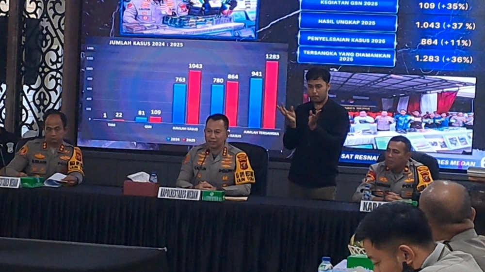 Kapolrestabes Medan, Kombes Pol Jean Calvijn Simanjuntak memaparkan capaian pihaknya sepanjang tahun 2025. [FT News/Reza D Syahputra]