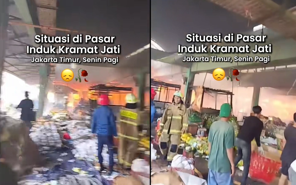 Upaya pemadaman kebakaran Pasar Kramat Jati. [TikTok]