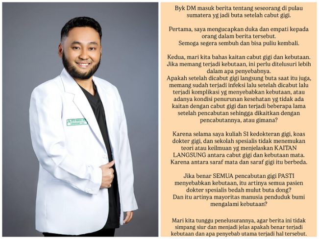 Kolase ungkapan drg.Mirza tentang kebutaan setelah cabut gigi (Instagram)