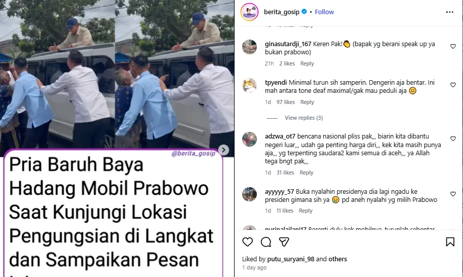 Komentar Netizen mengenai aksi kakek hadang iringan Prabowo (Instagram)