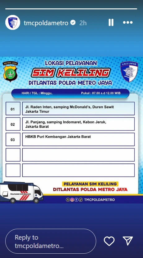 Lokasi SIM Keliling di Hari Minggu. [Instagram]