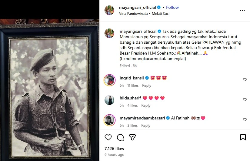 Mayangsari ikut berkomentar soal penganugerahan gelar pahlawan naional untuk Presiden ke-2 RI, Soeharto. [Instagram]