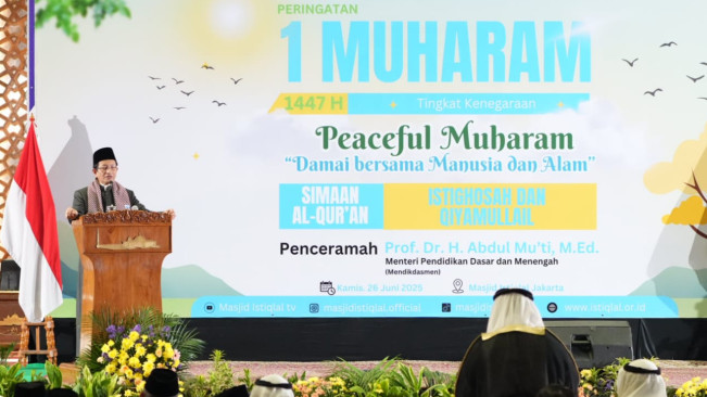 Menag Nasaruddin Umar pada peringatan 1 Muharam tingkat kenegaraan di Masjid Istiqlal, Jakarta, Kamis (26/6/2025). (kemenag.go.id)