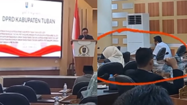 Tangkapan layar anggota DPRD Tuban Munir hisap vape saat sidang. (Instagram @feedgramindo)