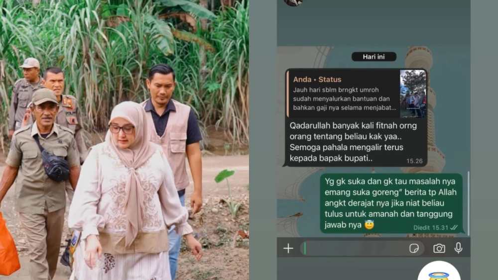 Tangkapan kolase Nafisah Mirwan, istri Bupati Aceh Selatan, kunjungi dan salurkan bantuan kepada korban bencana, serta Insta Story capture chat membahas fitnah terhadap sang suami. [Instagram @devinafisahmirwan.official]
