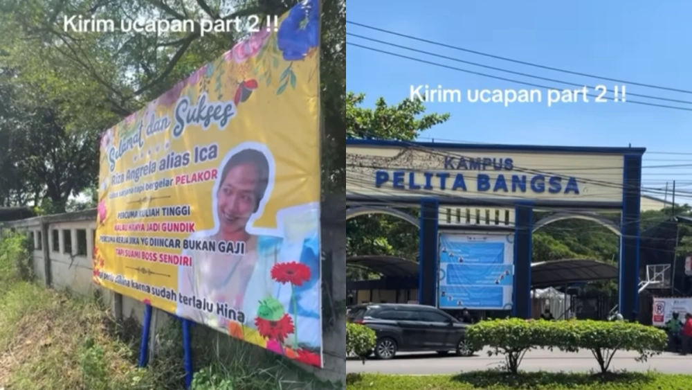 Potret papan bunga bernada sindiran pelakor ditaruh tepat di pinggir jalan seberang gerbang Kampus Pelita Bangsa. [Instagram @folkshitt]