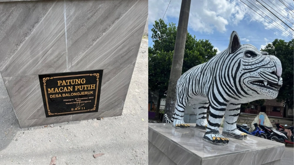 Patung macan putih yang menuai kritik akan diganti dengan yang baru dan lebih estetik oleh pemerintah desa setempat. [Instagram @infokediriraya]