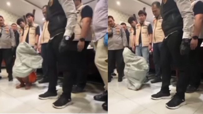 Pelaku pembunuhan memperagakan masuk ke dalam karung terikat. (Instagram)