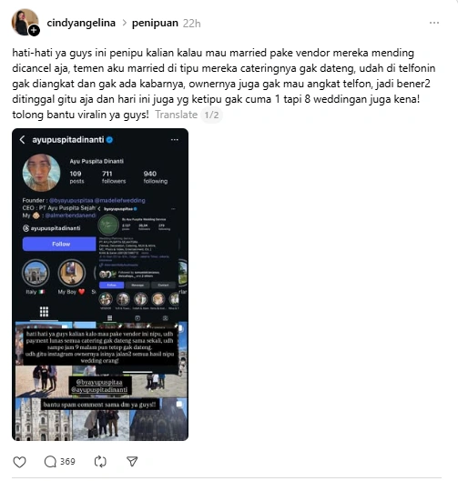 Ayu Puspita diduga melakukan penipuan WO (Instagram)