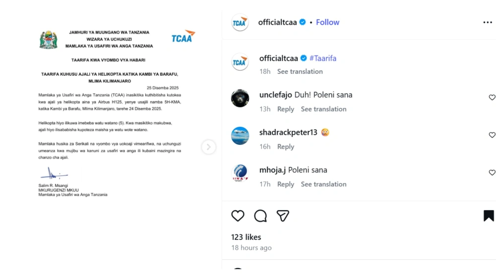 Pernyataan resmi Otoritas Penerbangan Tanzania. [instagram]