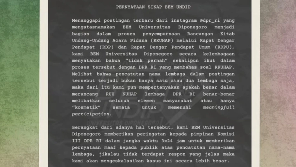 Pernyatan sikap BEM Undip terhadap DPR RI. [Instagram]