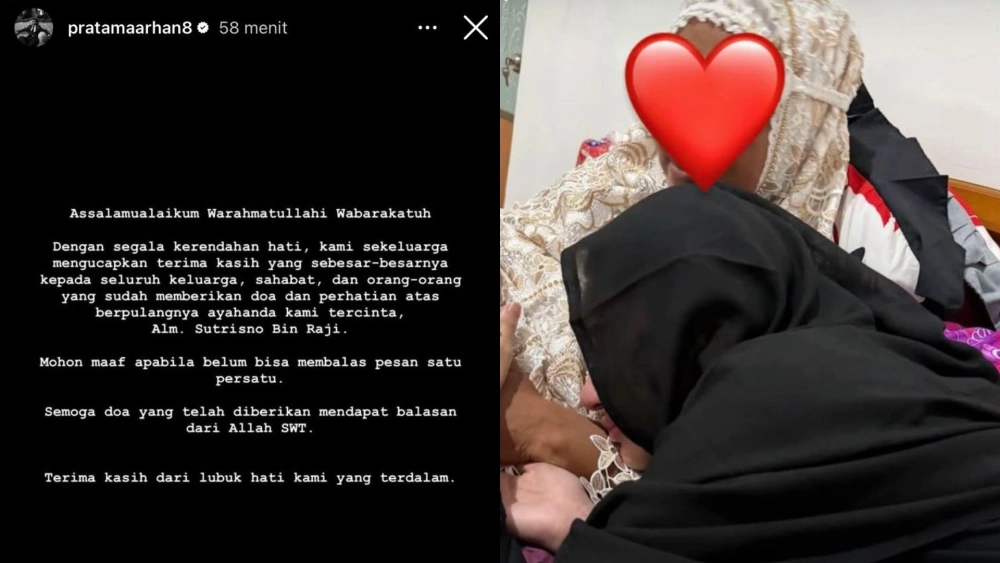 Ungkapan terima kasih Pratama Arhan kepada semua orang yang sudah mendoakan almarhum ayahnya. [Instagram]