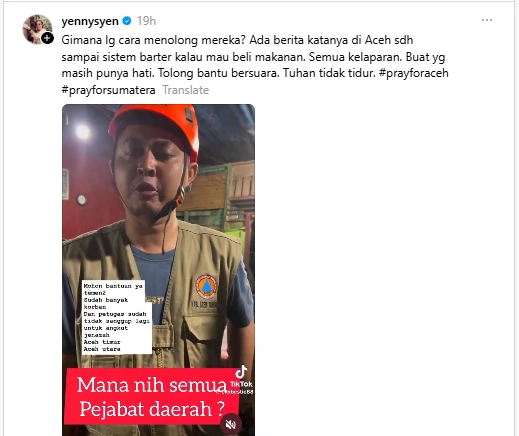 Postingan salah satu akun threads yang menampilkan petugas BPBD mengenai banjir di Sumatra (Threads)