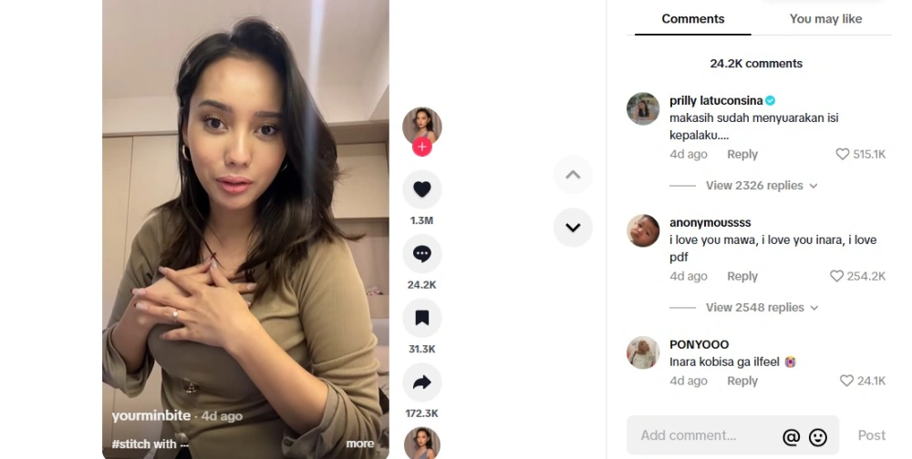 Komentar Prilly Latuconsina di akun TikTok @minbite. [TikTok]