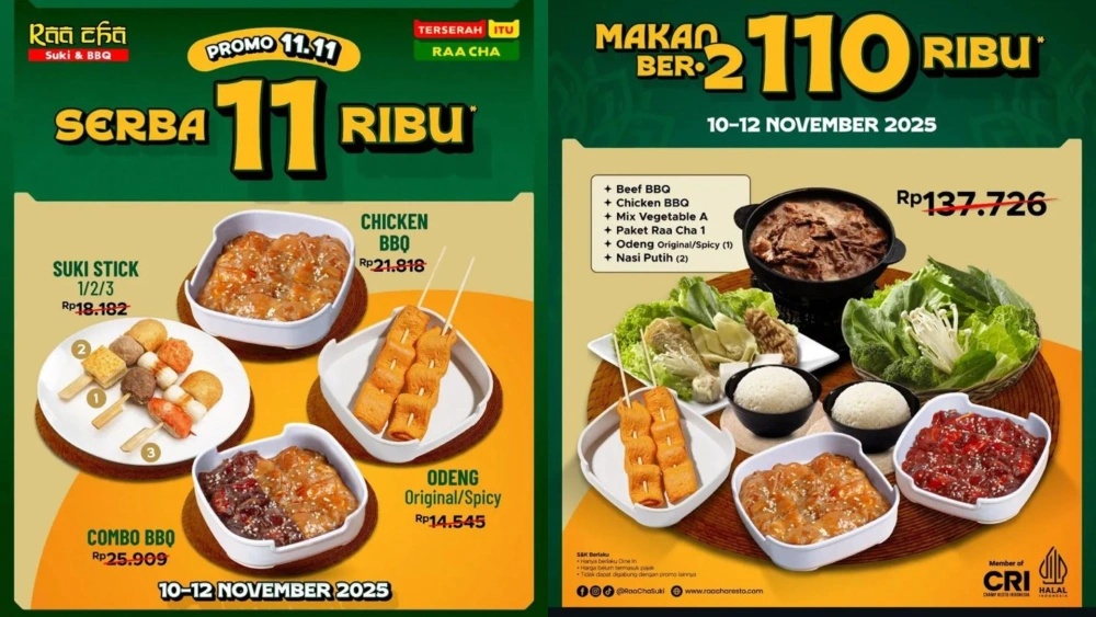 Pilihan promo Raa Cha Suki & BBQ 11.11 yang berlaku hingga 10-12 November 2025. [Instagram]