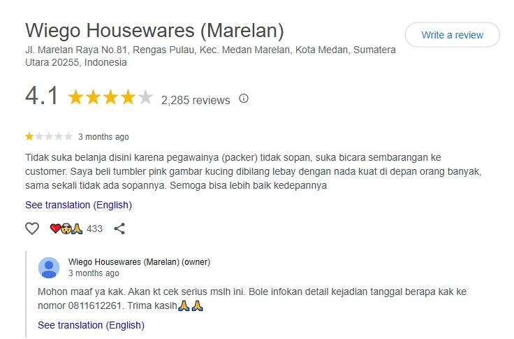 Rating Wiego Houseware (Google)
