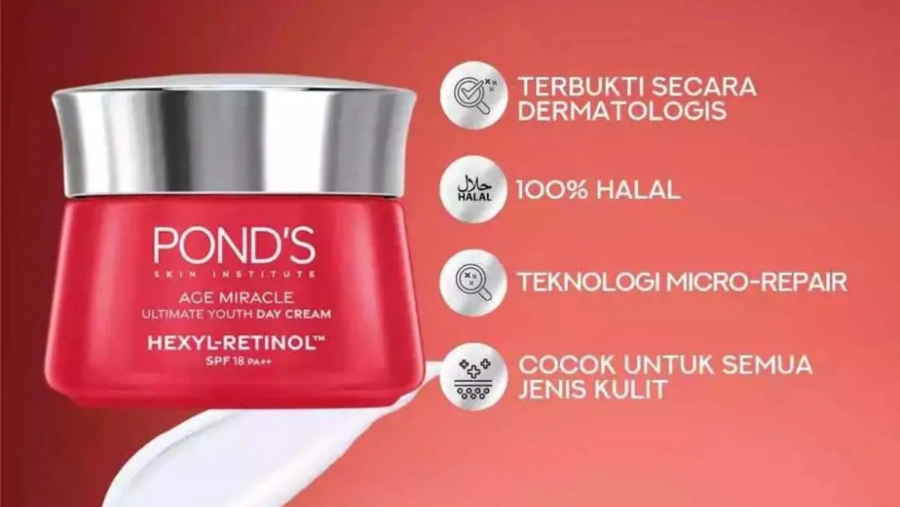 Pond’s Age Miracle hadir dengan retinol dan hexyl-retinol untuk bantu samarkan garis halus dan noda hitam, bikin kulit tampak awet muda.
