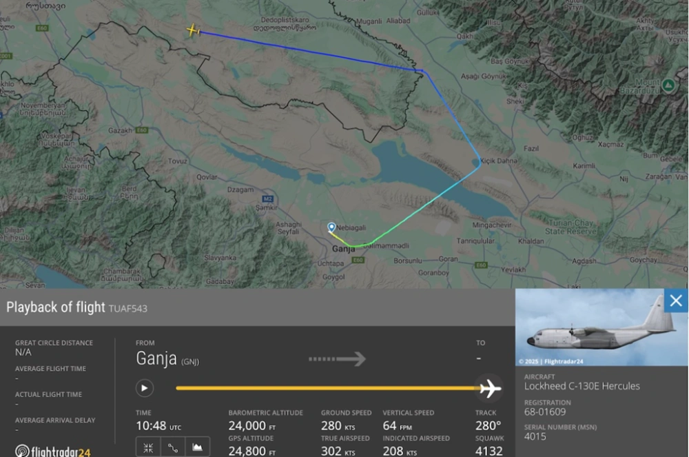 Data penerbangan pesawat Lockheed C-130 Hercules Turki yang jatuh di perbatasan Georgia dan Azerbaijan. [Flight Radar]