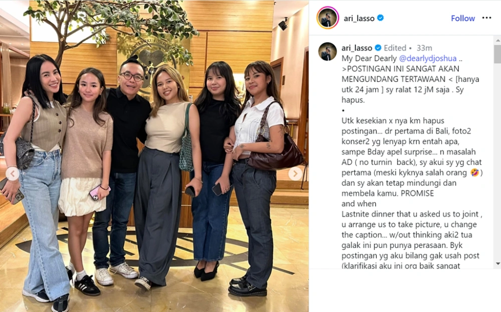 Drama asmara Ari Lasso dan Dearly Djoshua. [Instagram]