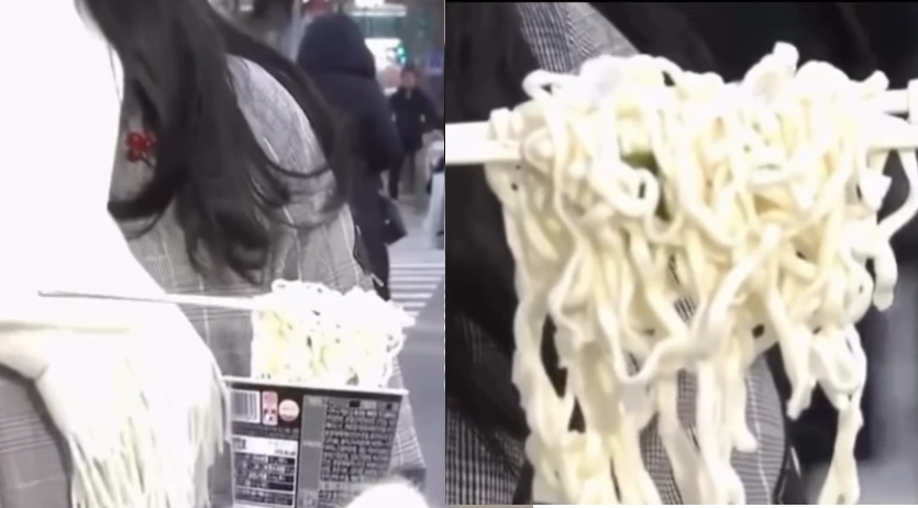 Ramyeon langsung membeku ketika dibawa ke luar ruangan di tengah cuaca ekstrem Korea. [TikTok]